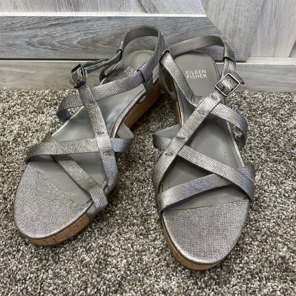 Eileen Fisher “Array” Strappy Cork Wedge Sandal 8 - Picture 1 of 14